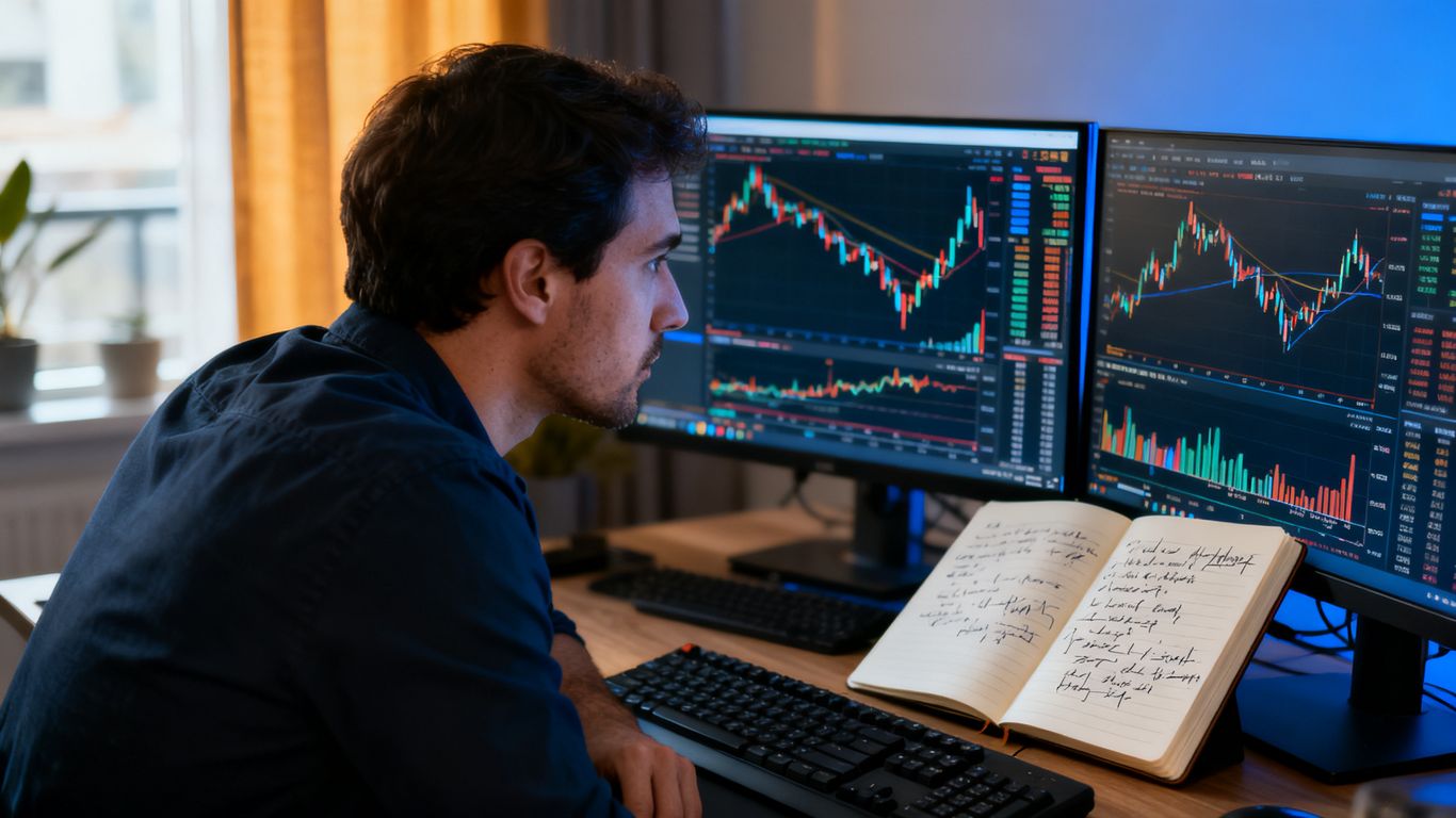 Trader studying charts and course notes