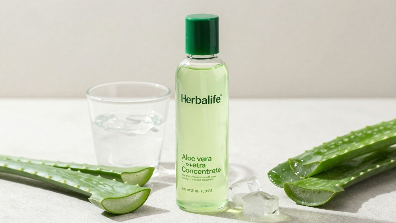 Herbalife Aloe Vera Concentrate bottle and a glass of aloe drink.