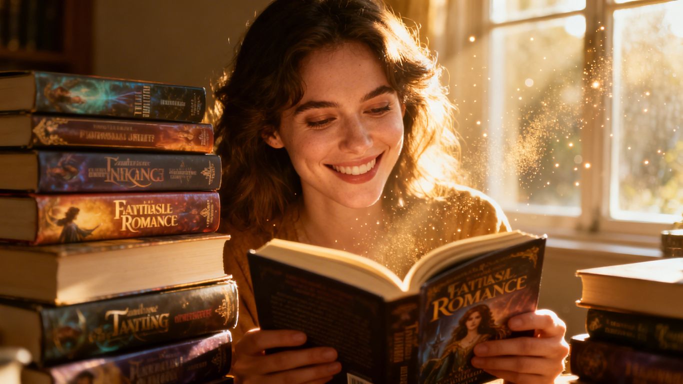 Angela Nancy surrounded by fantasy romance books.