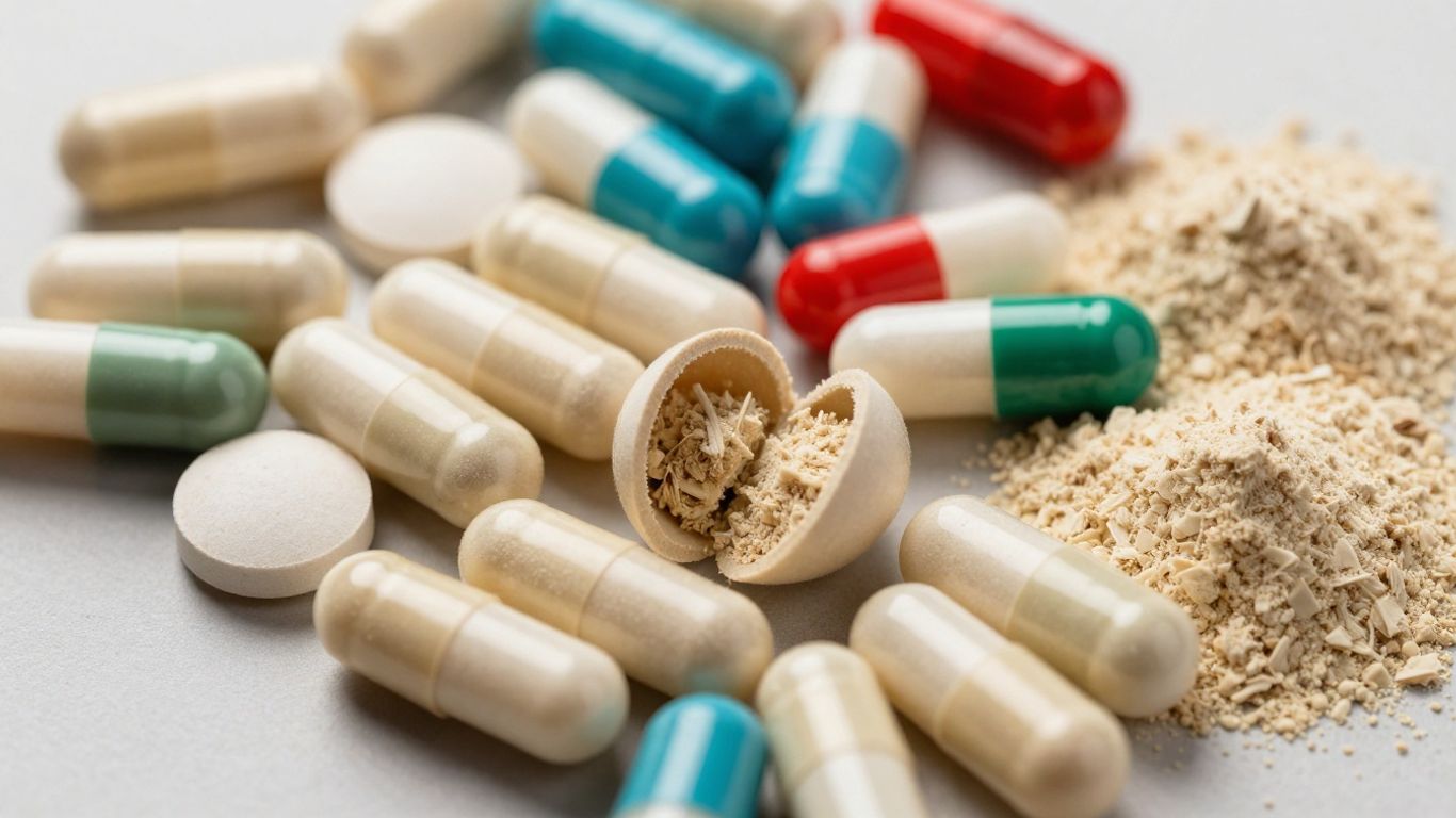 Colorful weight loss supplement capsules and powders.