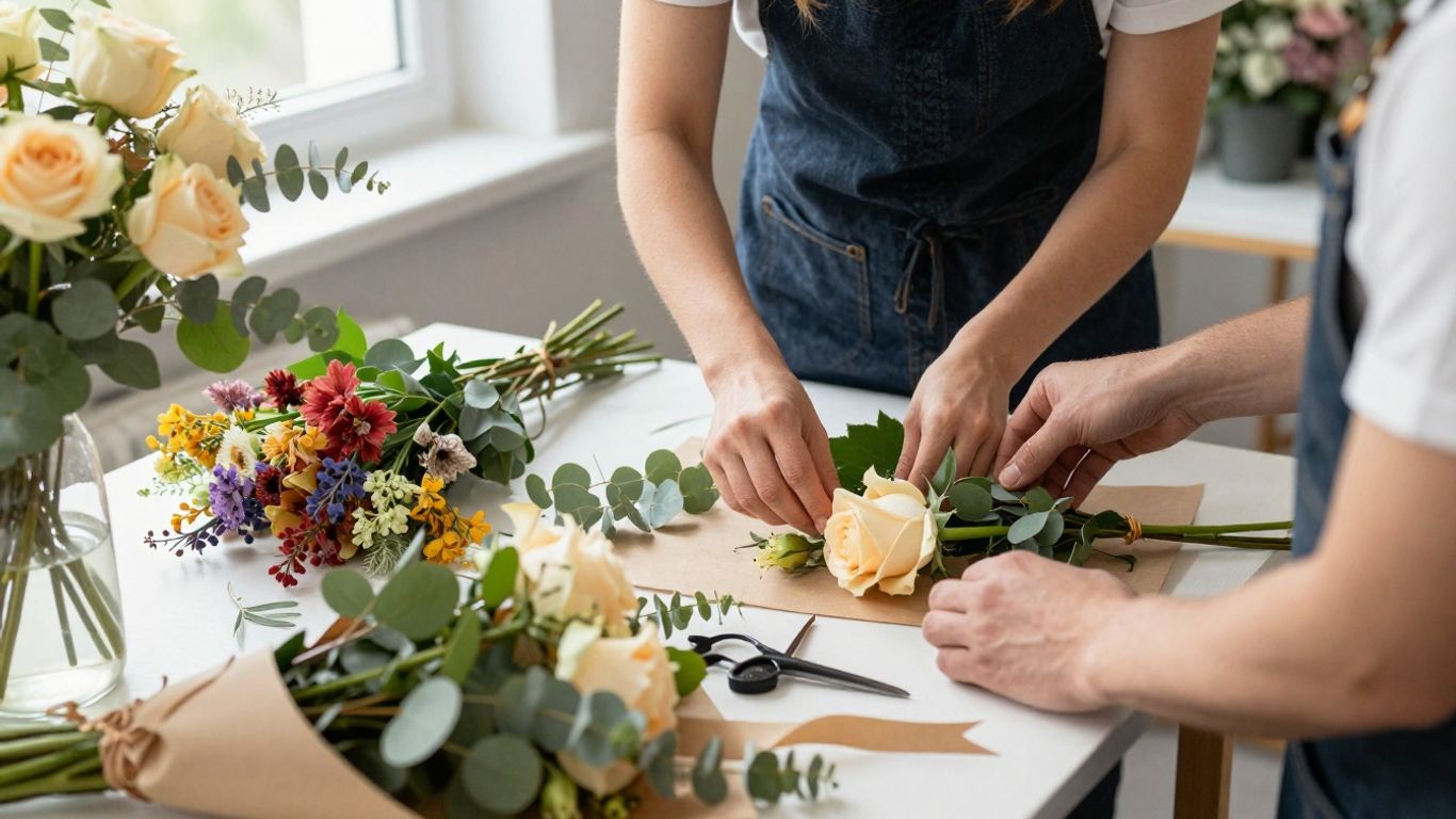 Florist preparing a fresh bouquet for careful delivery