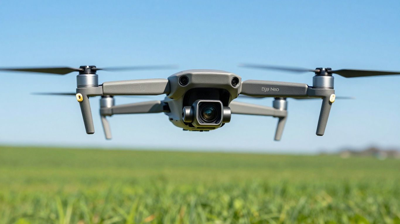 DJI Neo 2 drone flying over green landscape.