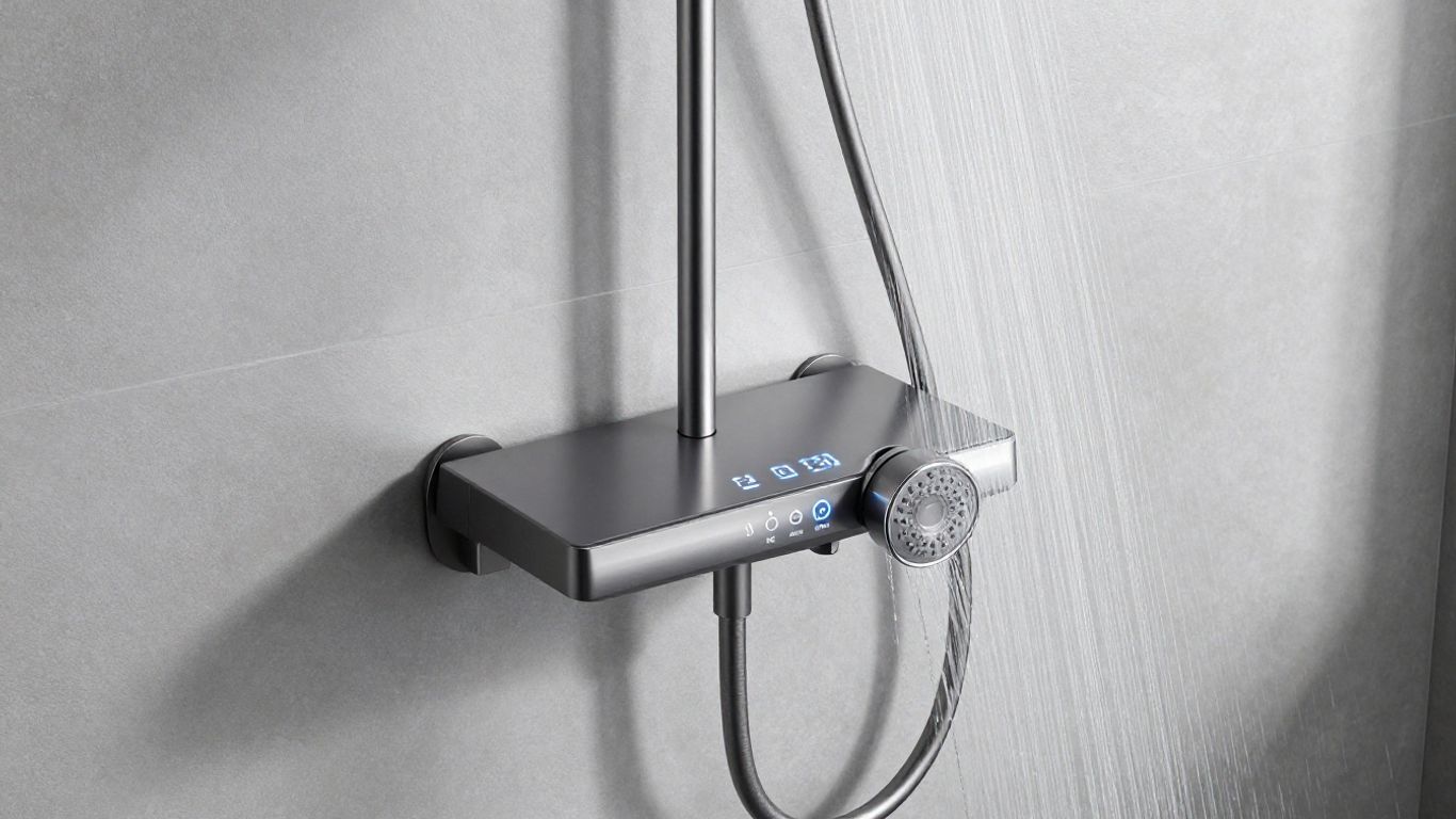 Modern digital shower control panel with water flowing.
