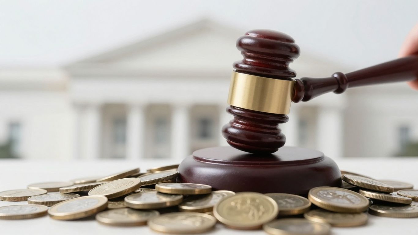 Marteau de juge frappant des pièces de monnaie.