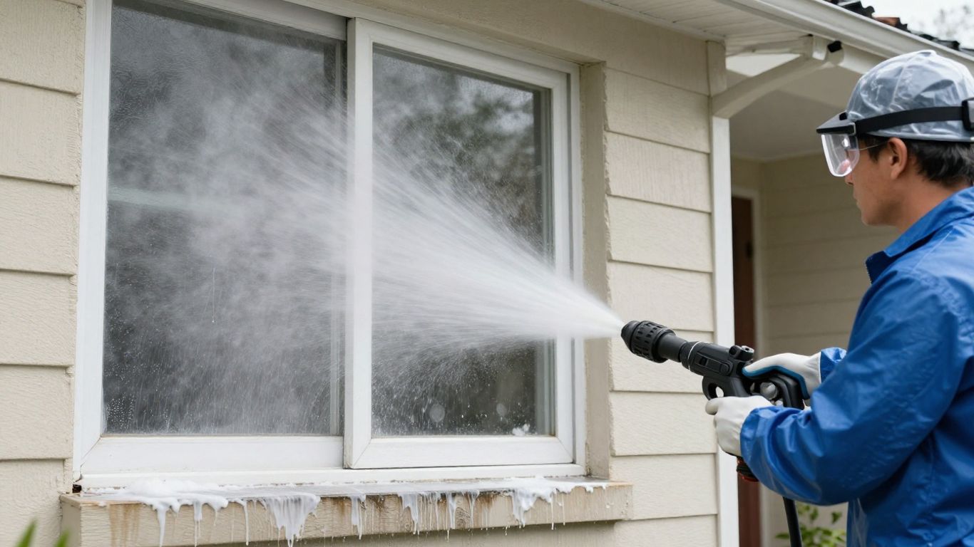 Homeowner pressure washing a dirty house exterior safely.