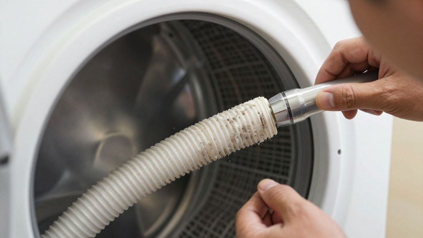 Technician cleaning dryer vent hose with lint removal.