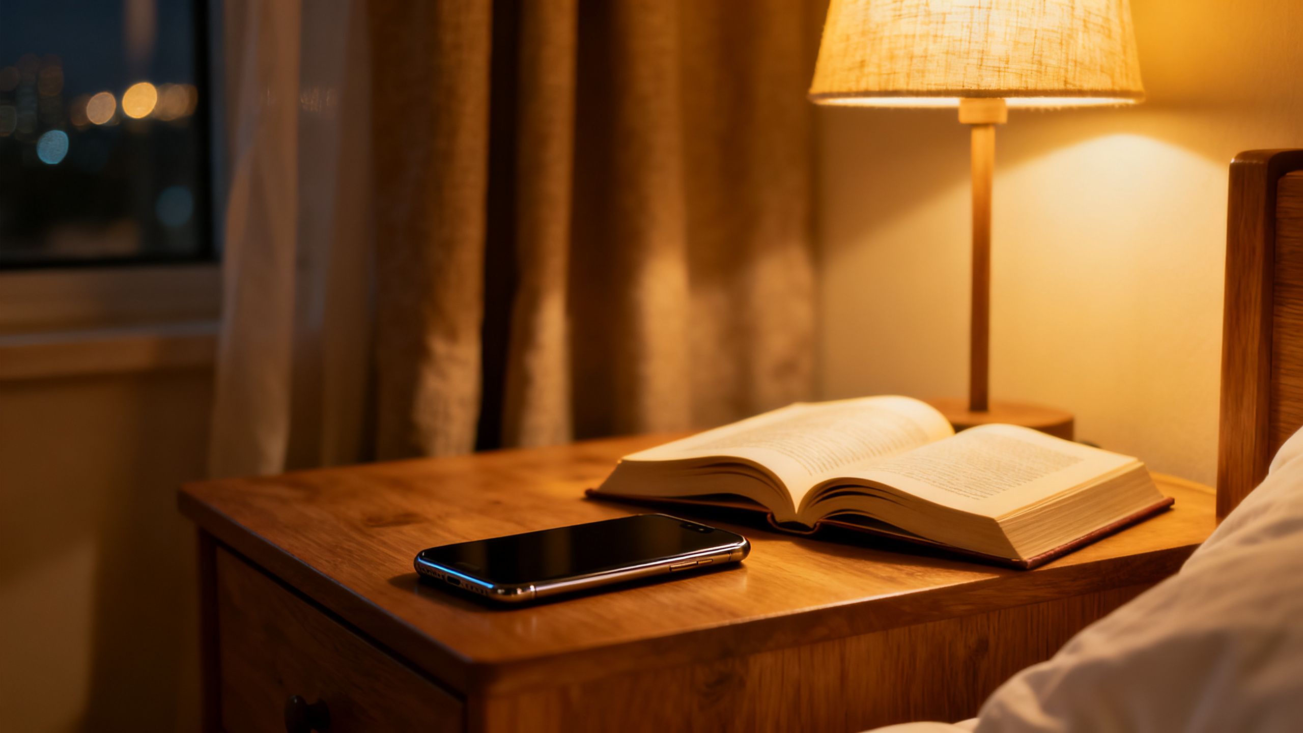 A smartphone on a nightstand next to a book, illustrating the choice to read instead of scrolling before bed