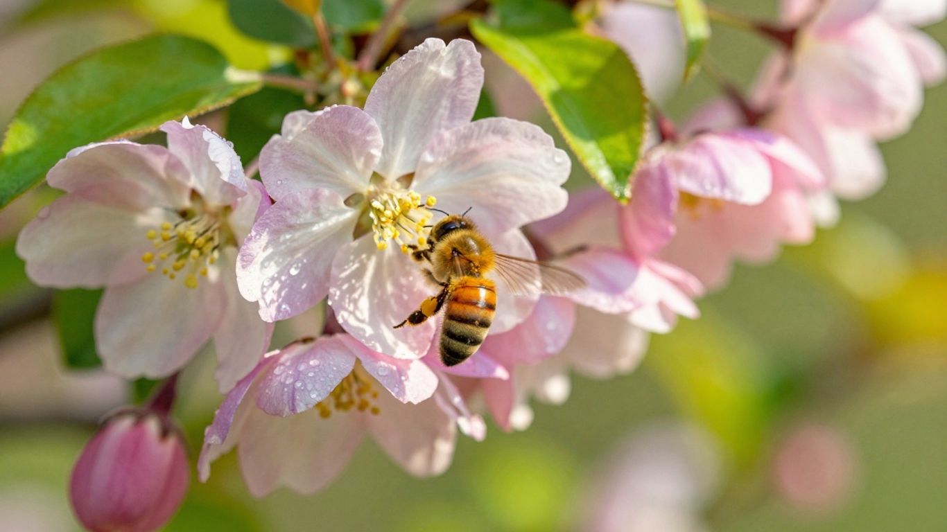 Bienenfreundliche Frühlingsblumen mit einer Biene im Flug.