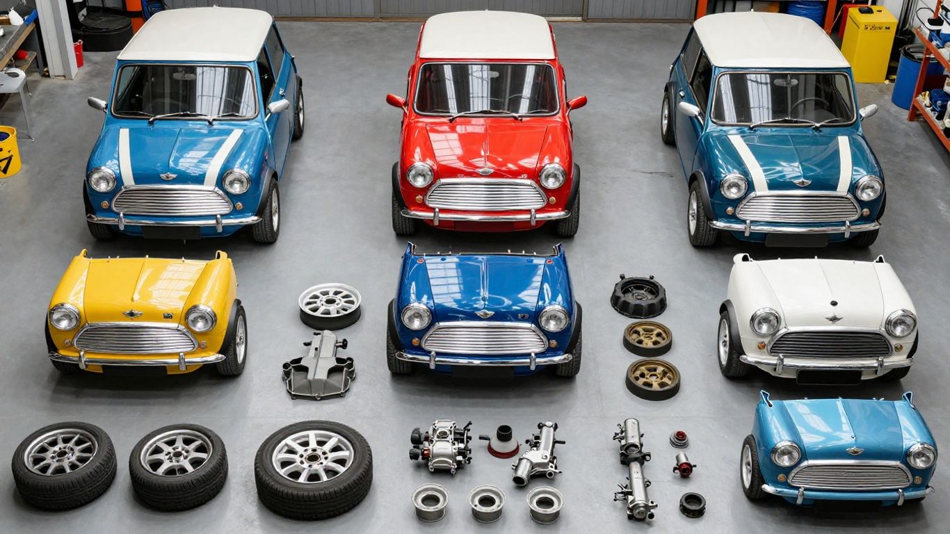Mini Cooper parts in a workshop