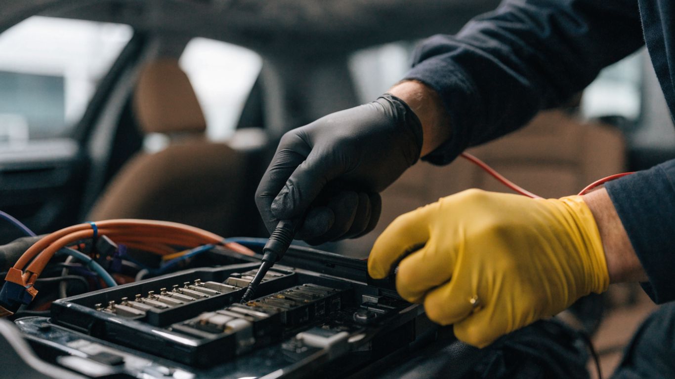 Mechanic testing electrical current near a vehicle fuse box