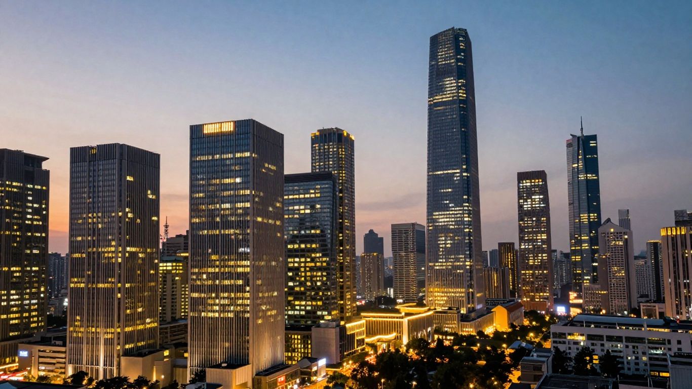 Modern city skyline at dusk with illuminated skyscrapers.