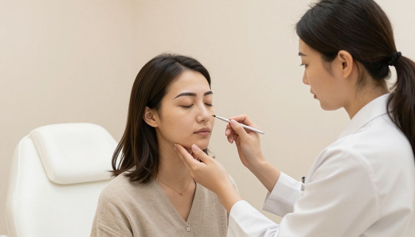 Photorealistic permanent makeup consultation in a tranquil, cozy medical spa, with a practitioner discussing brow design with a client, soft neutral decor, no text, no logos, and no recognizable faces
