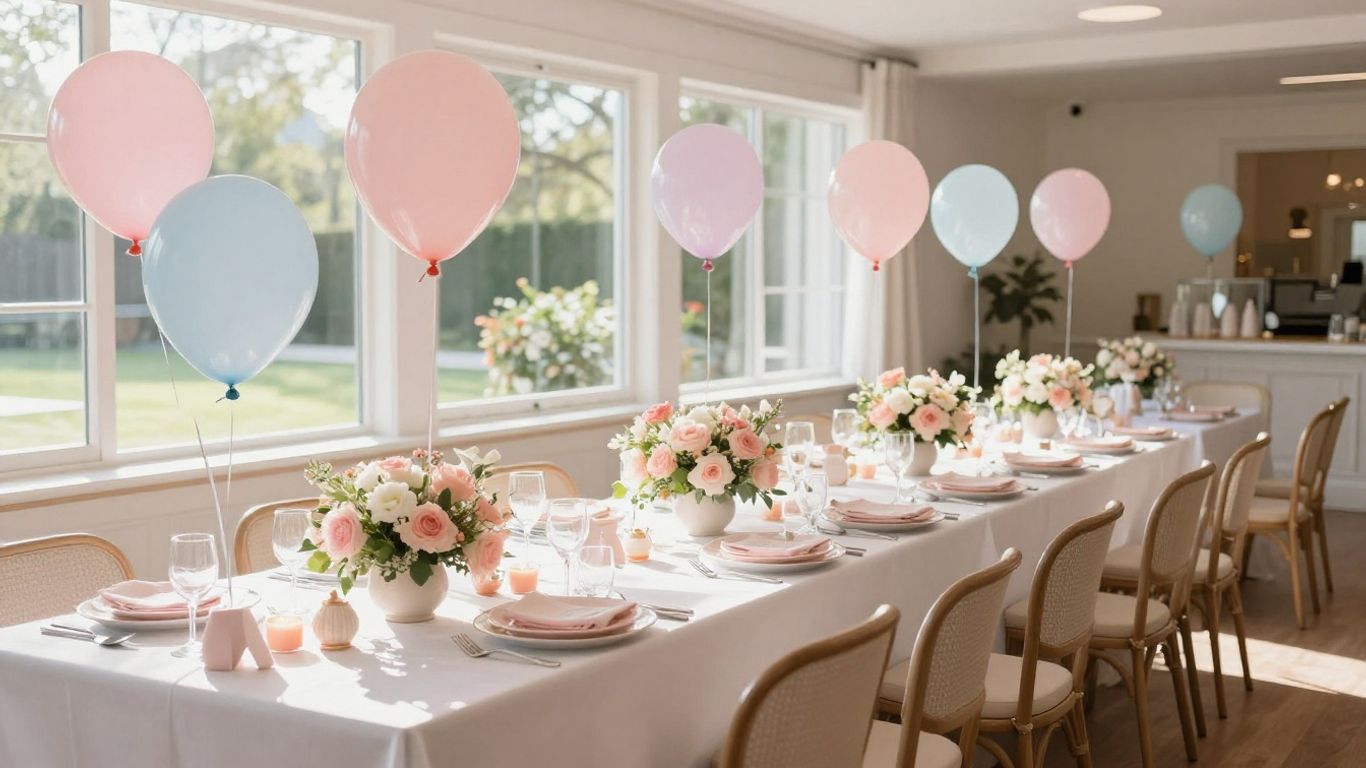 Elegant baby shower venue in Dallas with balloons and flowers.