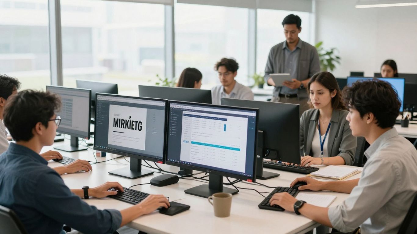 Team using digital devices for Amazon DSP marketing