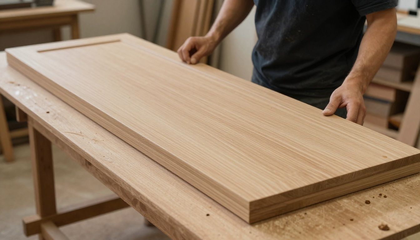 Interior of a woodworking shop showing custom flat-panel cabinet doors being crafted by a skilled carpenter.