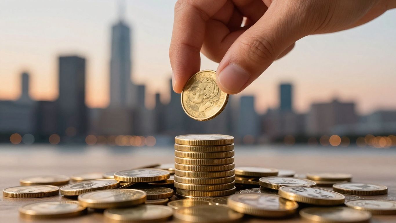 Hand placing coin in stack, city skyline background.