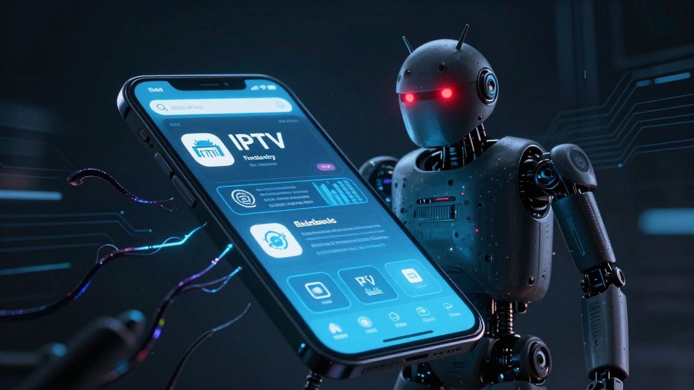 Android robot attacking a fake IPTV app on a smartphone.