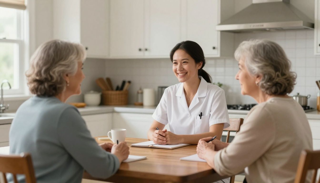A compassionate female registered nurse with a warm smile sits at a kitchen table, talking with an older adult woman in a bright, comfortable North Carolina home.