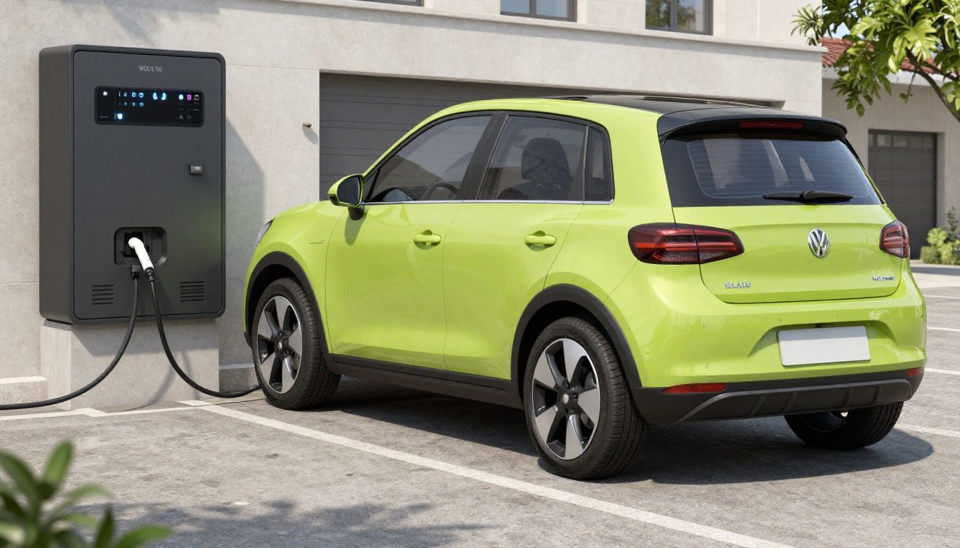 Nahaufnahme des Ladeanschlusses eines gebrauchten Elektroautos, der an eine Wallbox angeschlossen ist.