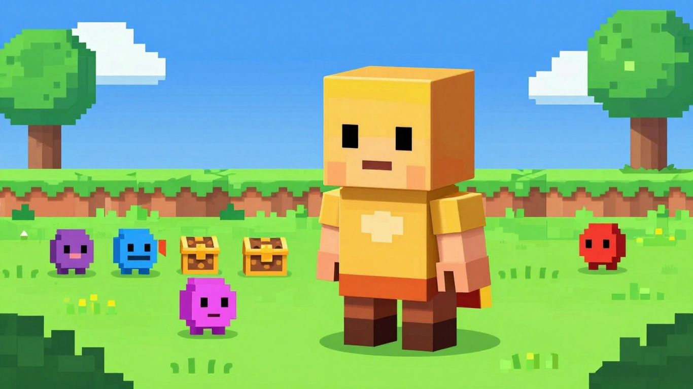 Blocky knight in a colorful, pixelated adventure game world.