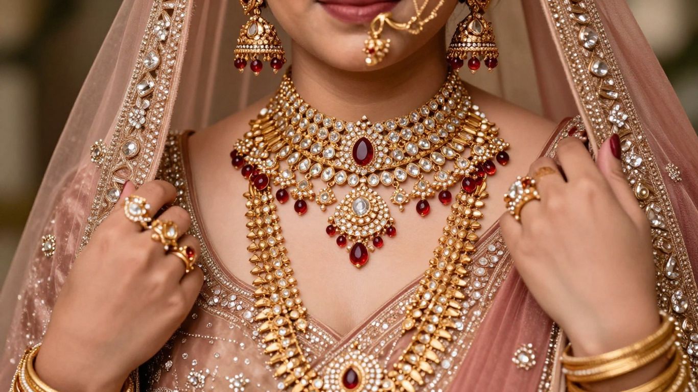 Bride wearing traditional Indian bridal jewellery set.