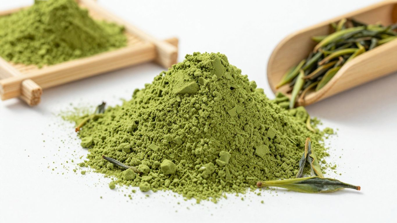 Vibrant green matcha powder in a bamboo scoop with tea leaves.