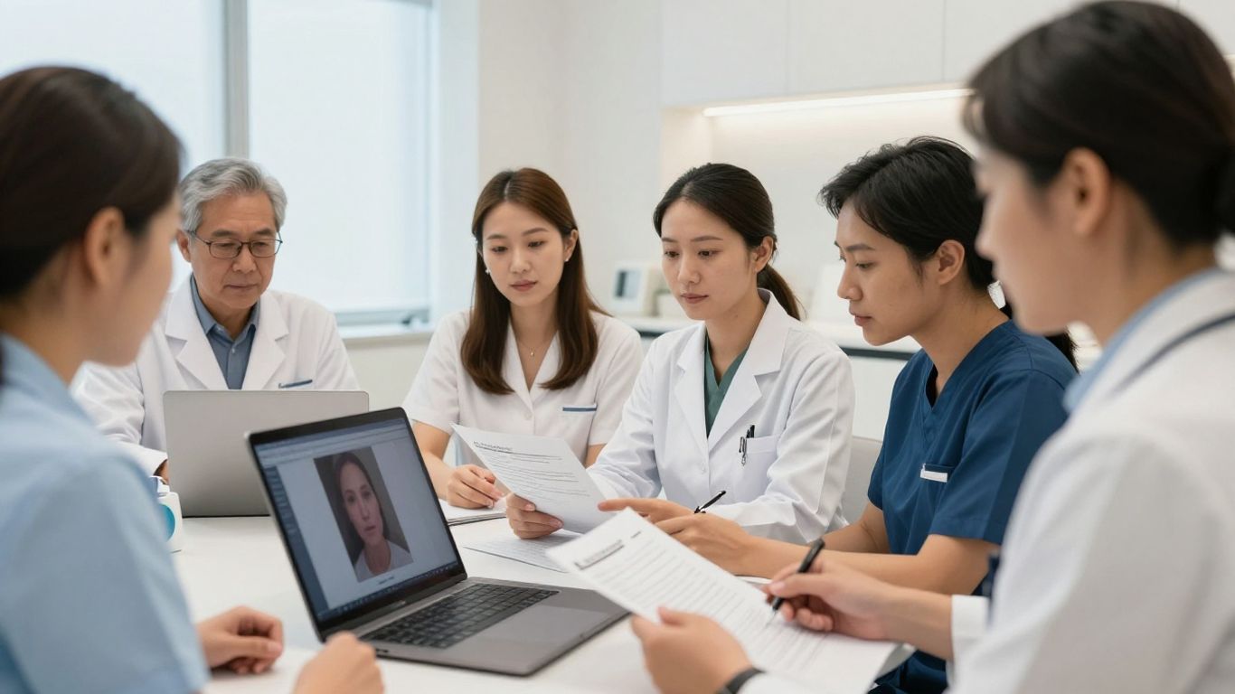 Aesthetic clinic team reviewing compliant patient content