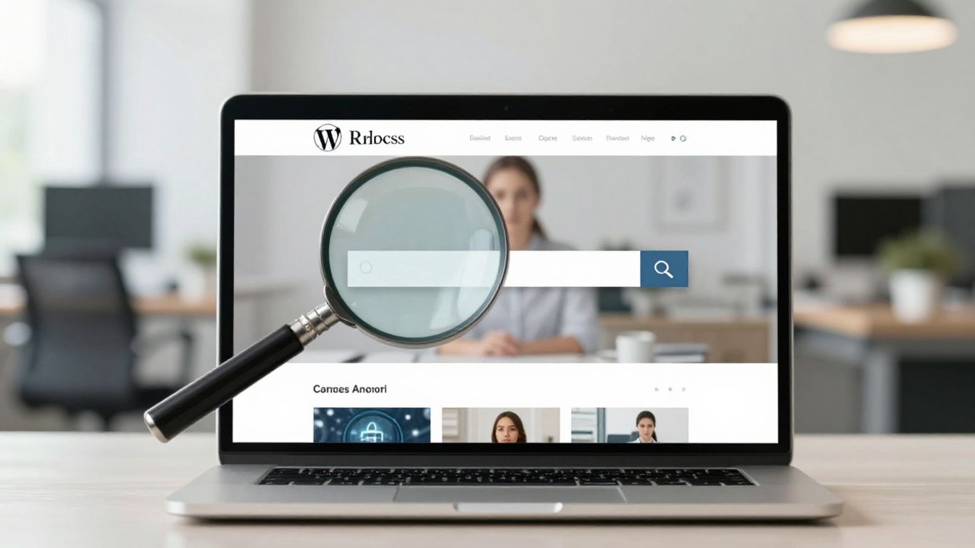 WordPress website on laptop with magnifying glass.