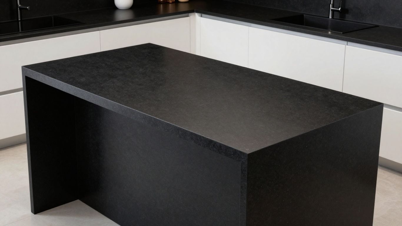 Sleek black quartz countertop in a modern kitchen.