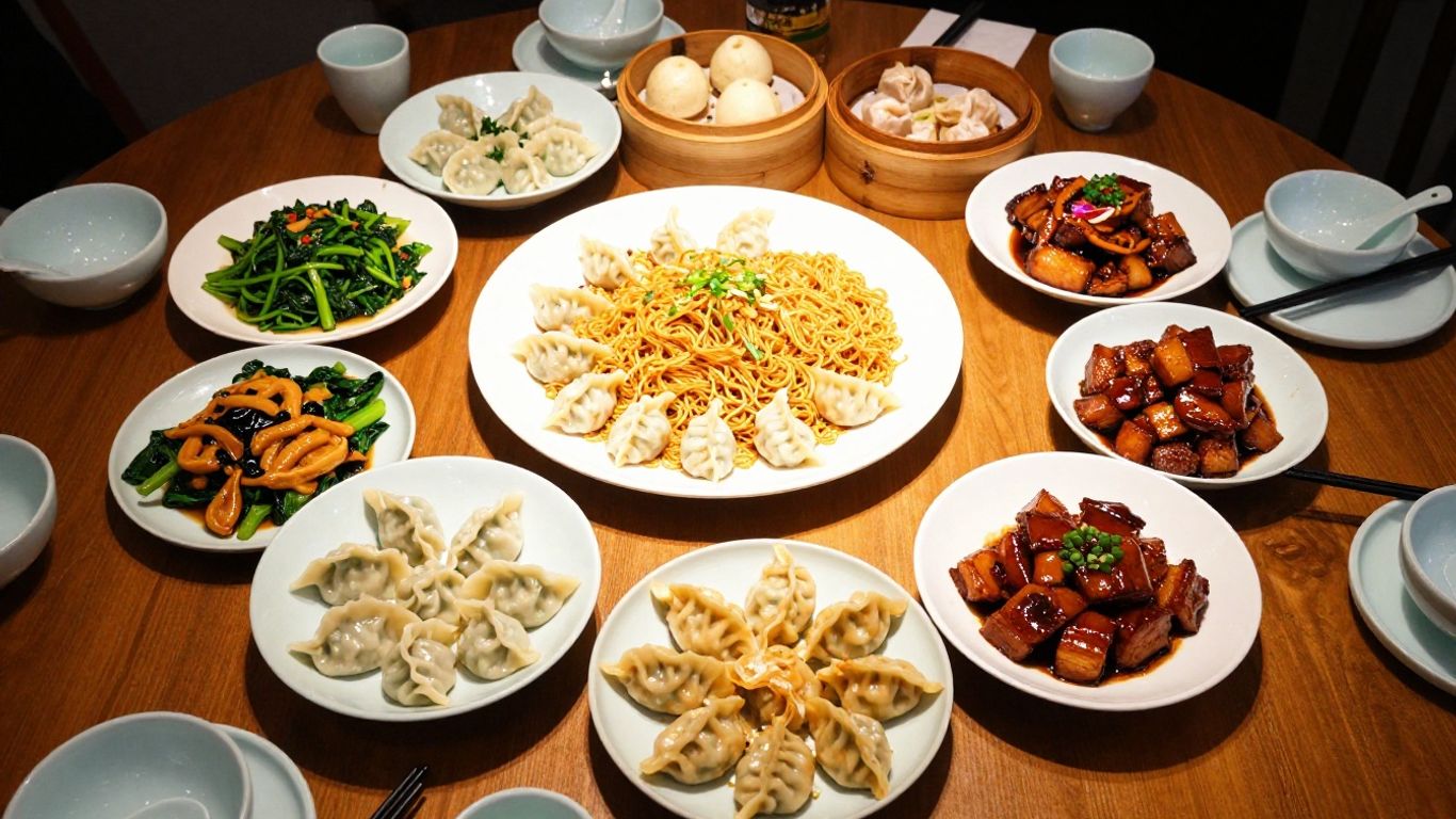 A colorful spread of Chinese dishes