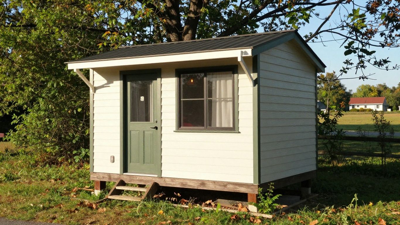 Tiny home exterior in a green Delaware setting.
