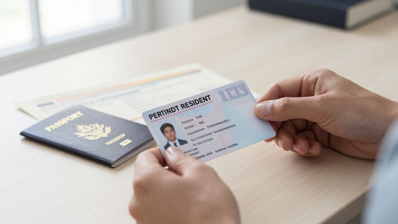 Persona revisando su tarjeta de residencia en casa