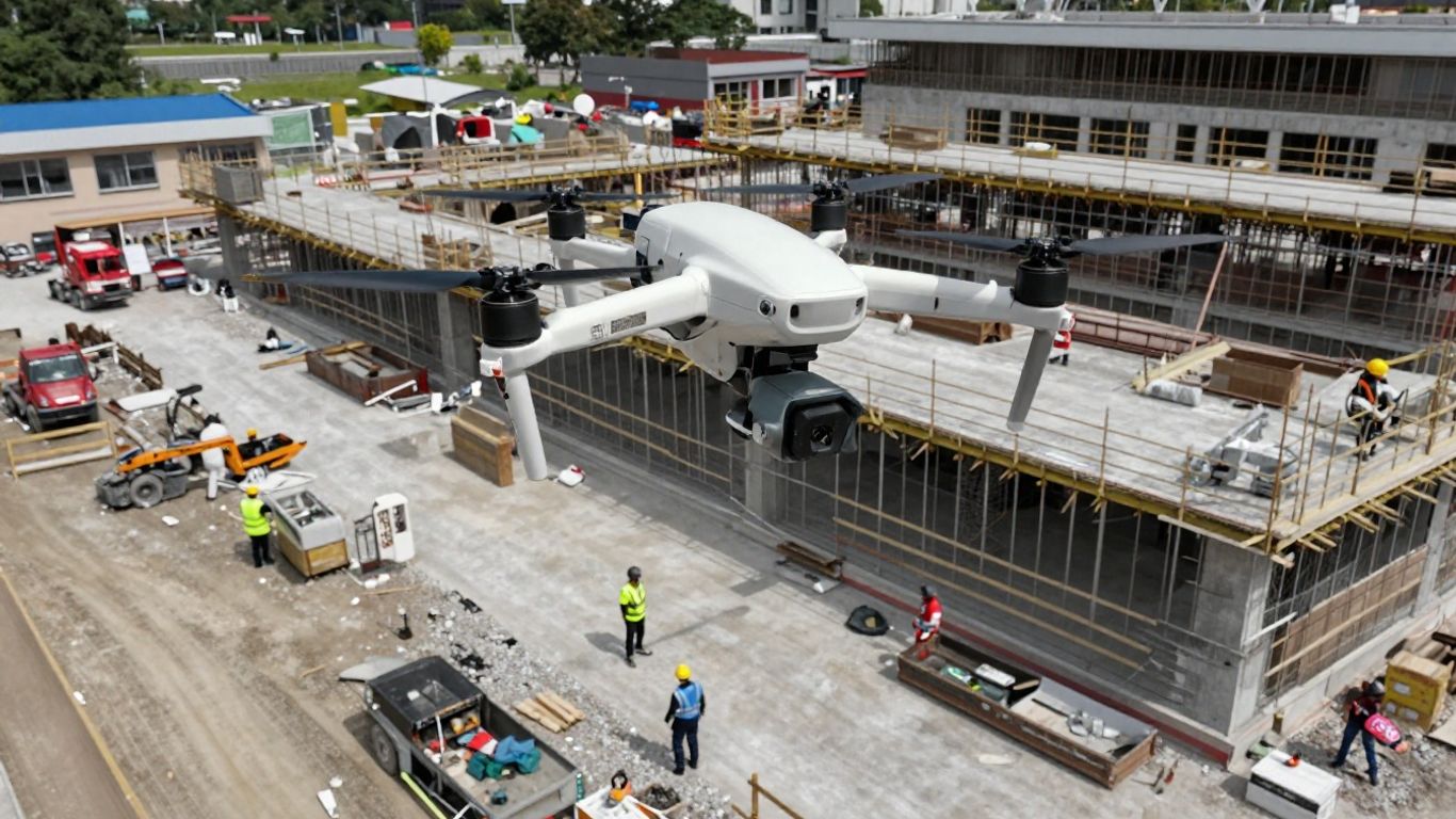 Dronă deasupra unui șantier de construcții civile moderne.