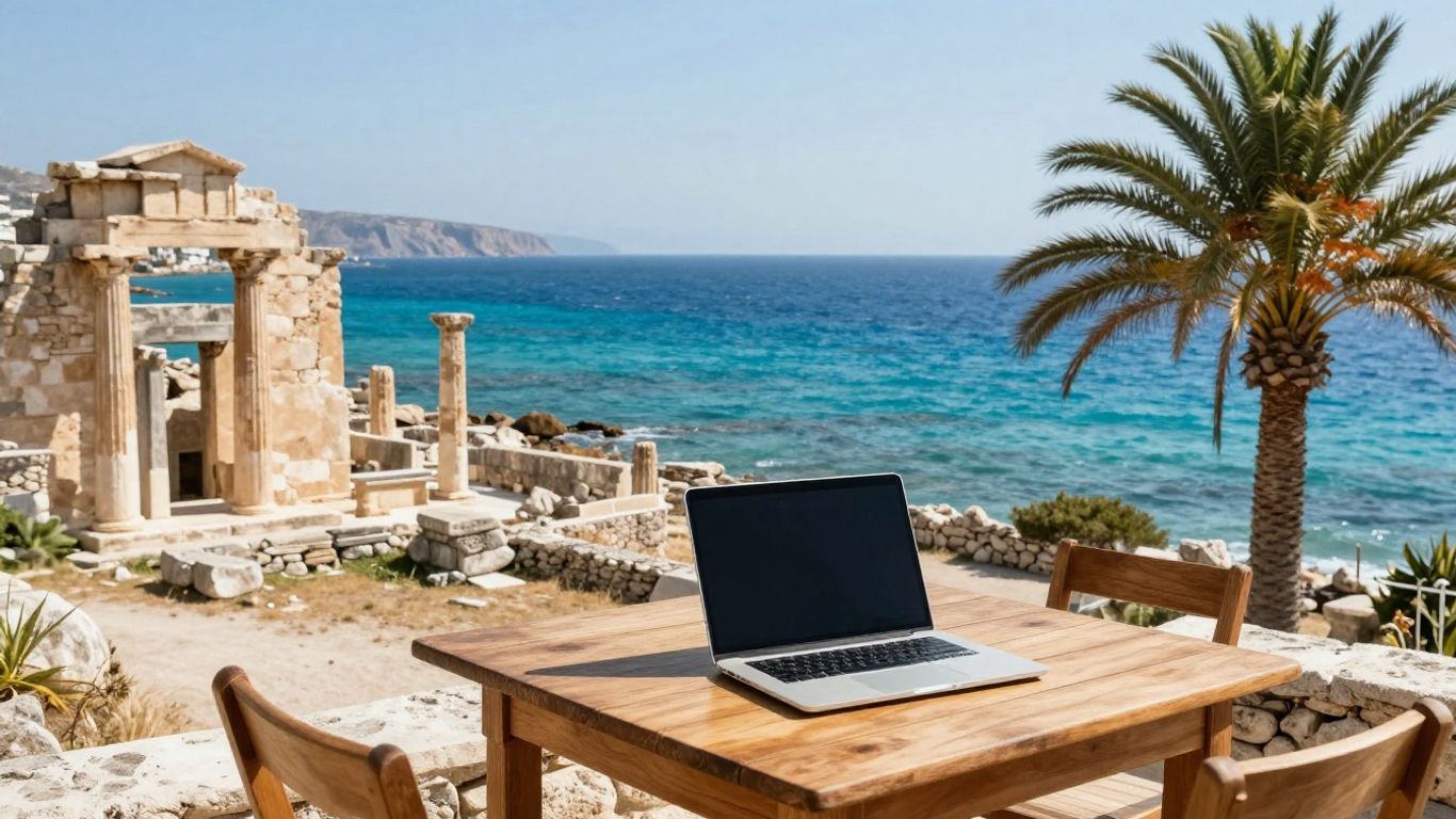 Digital nomad working remotely in Greece with laptop and sea view.