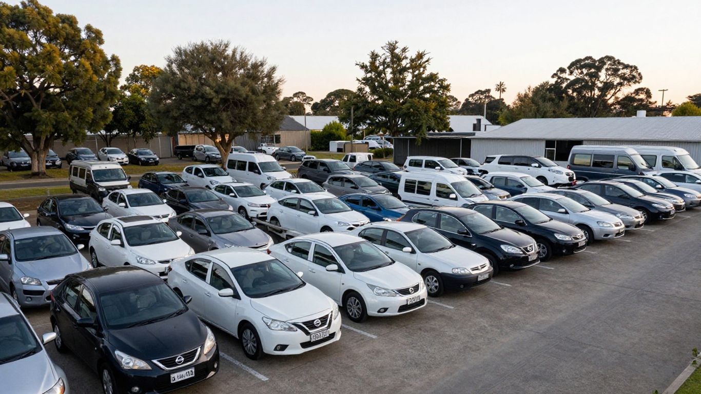 Nissan vehicles arranged in a Dandenong salvage yard