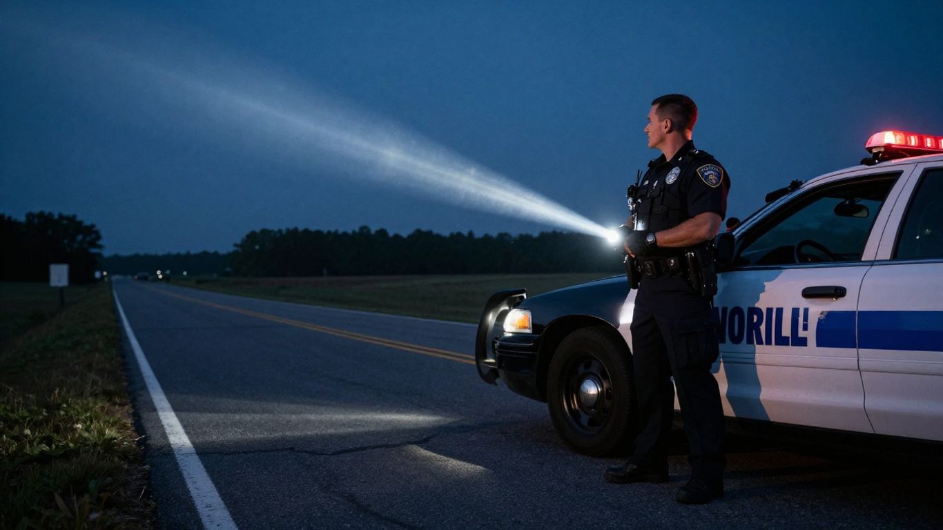 North Carolina trooper near patrol car on dark road.