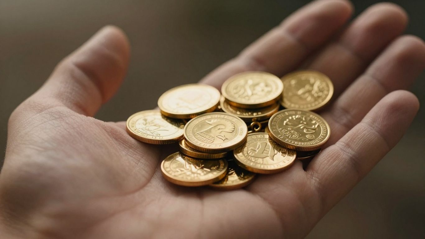 Main d'or tenant des pièces et des bijoux en or.