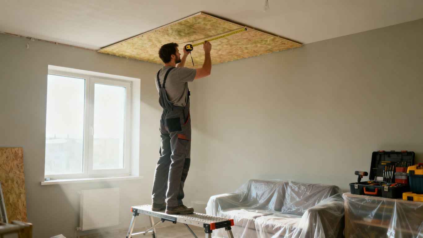 Artisan préparant un plafond pour isoler une pièce