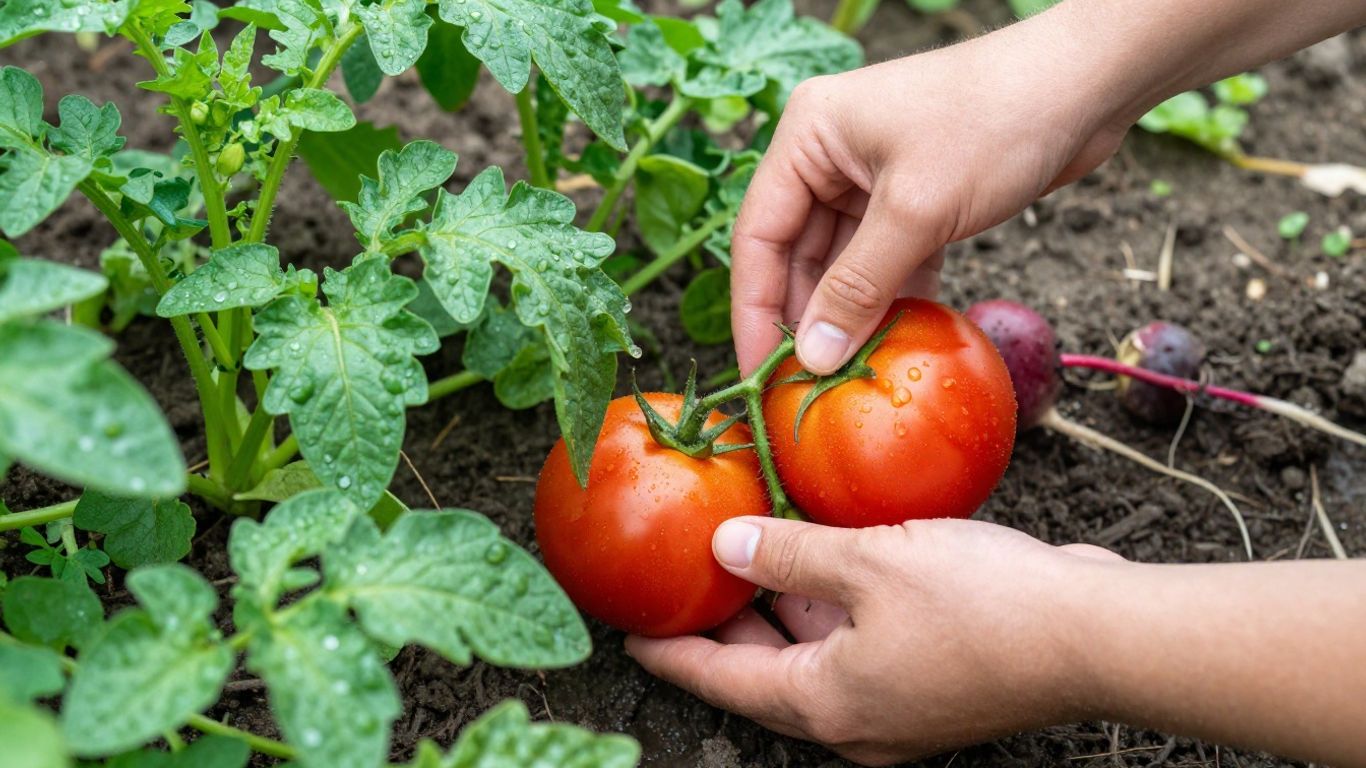 Gemüsegarten mit Hand bei früher Ernte im Morgensonne