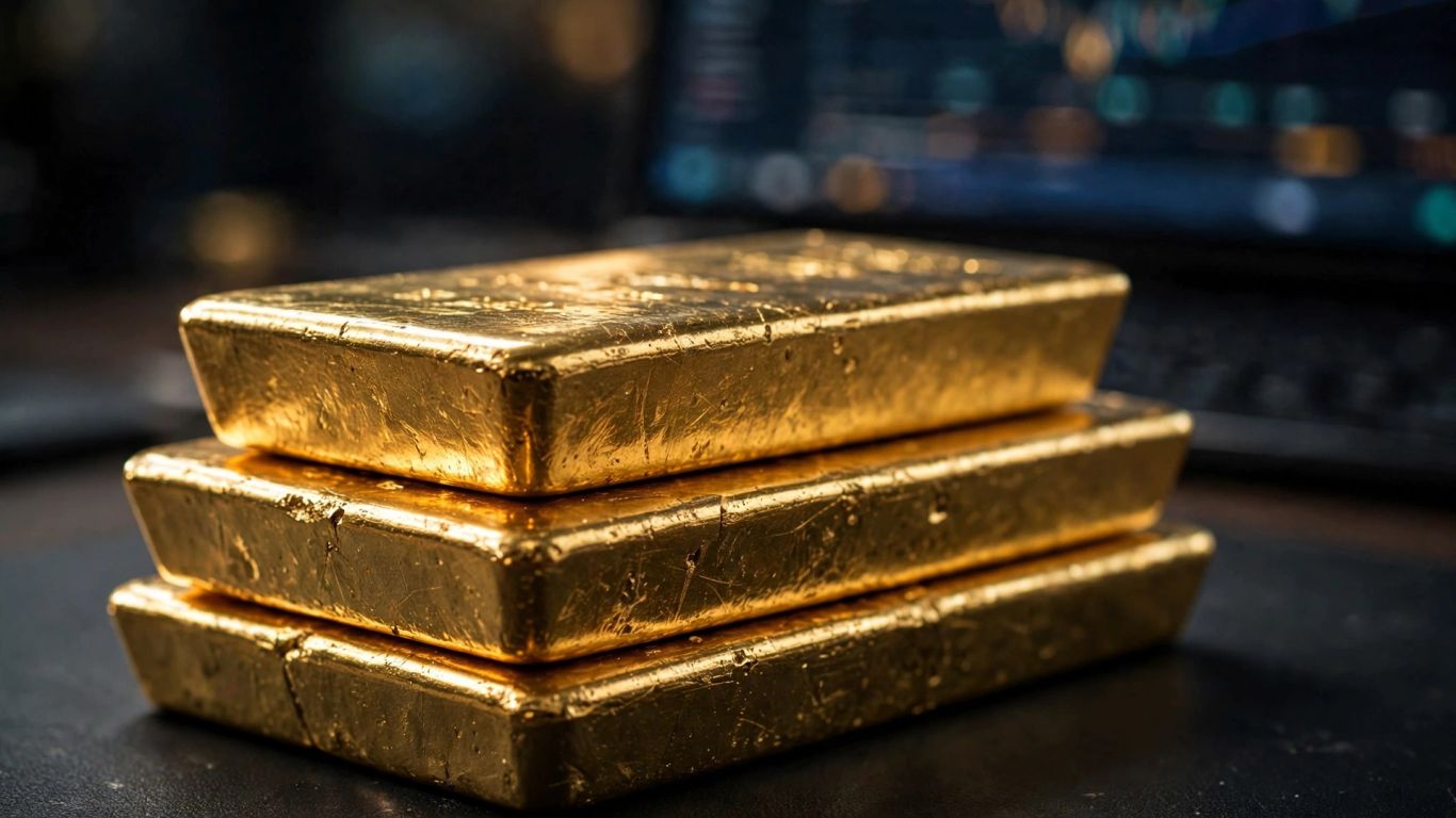 Lingots d’or à côté d’un écran de trading du marché des devises