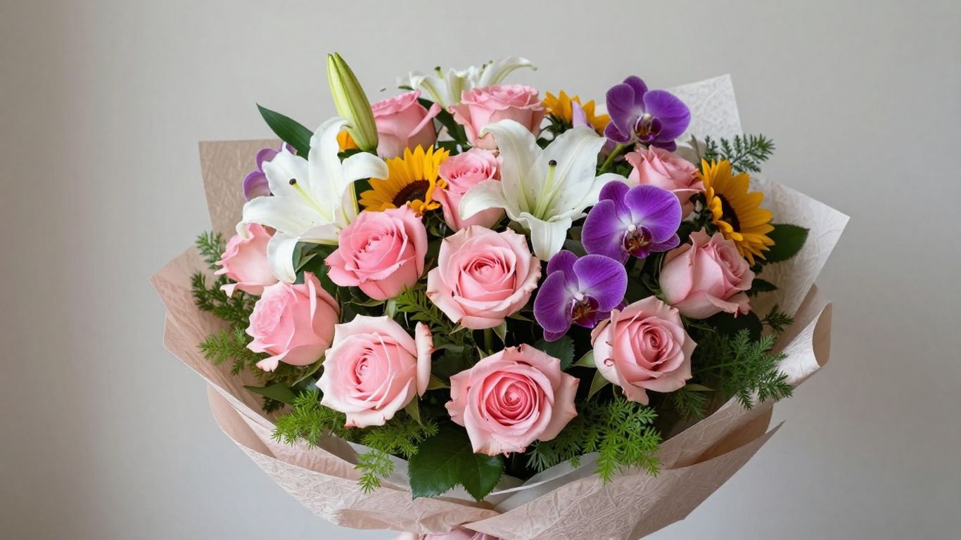Pink roses, lilies, sunflowers, and orchids arranged together
