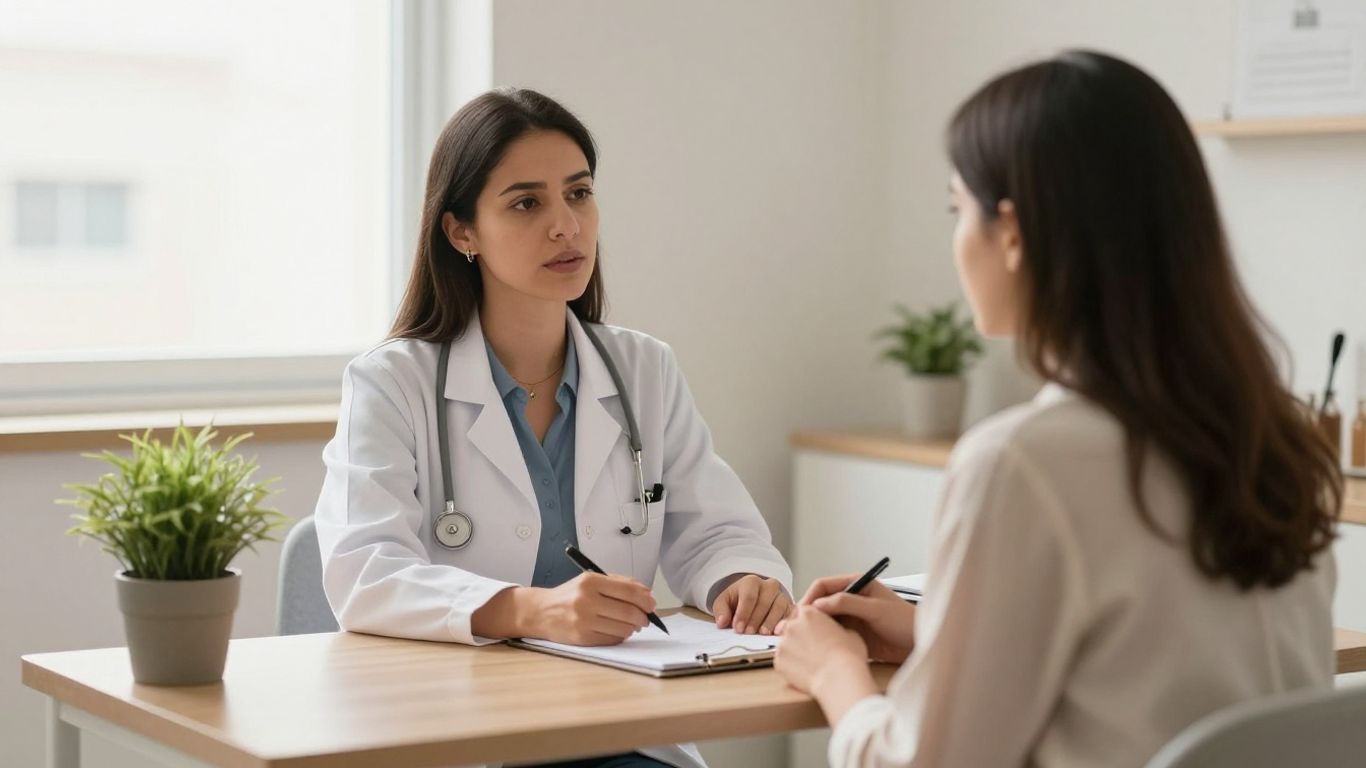 Paciente conversando com ginecologista em consultório