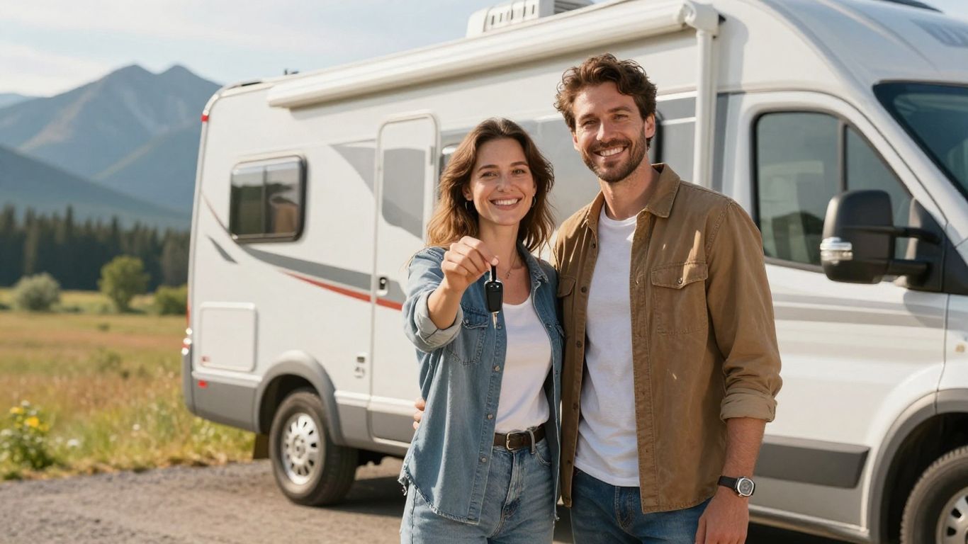 Couple with keys next to a Canadian RV.