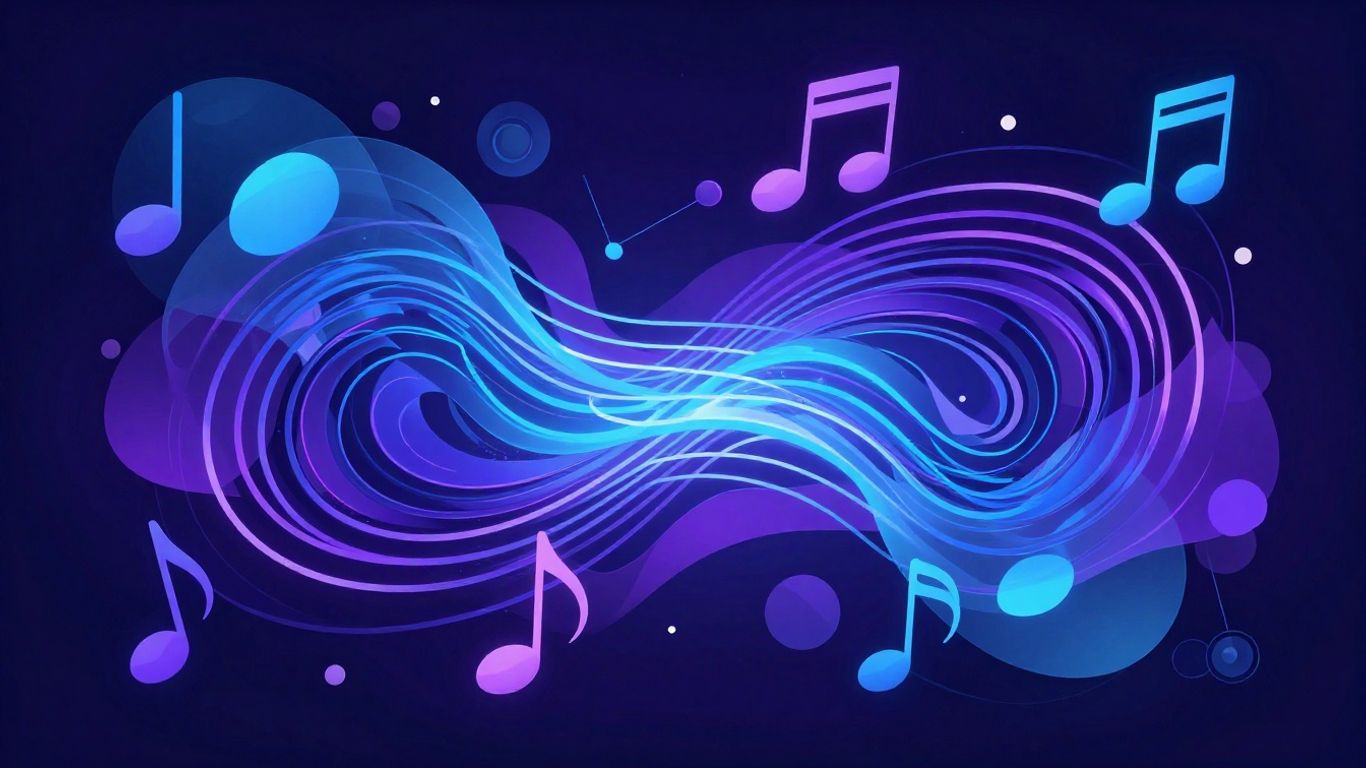 Abstract digital art with musical notes and sound waves.