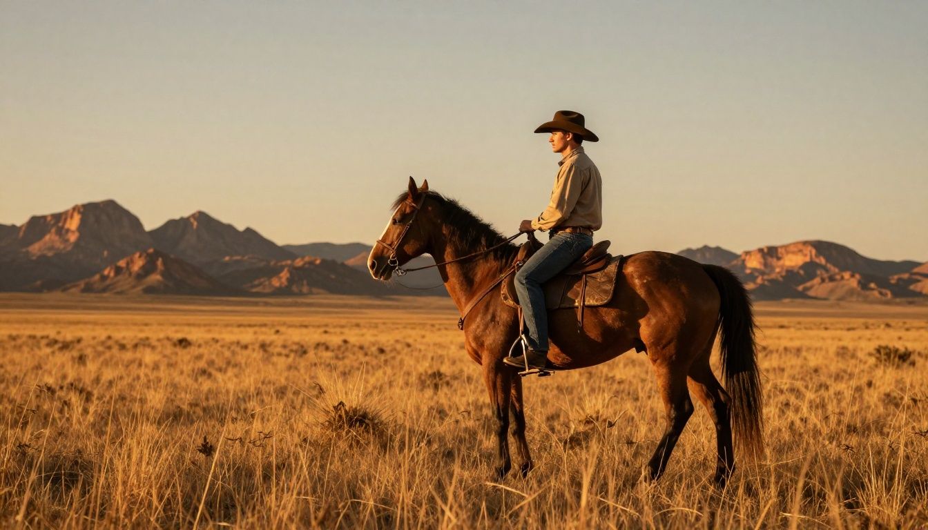 Um cowboy solitário cavalgando em um pôr do sol alaranjado sobre as montanhas rochosas do Velho Oeste