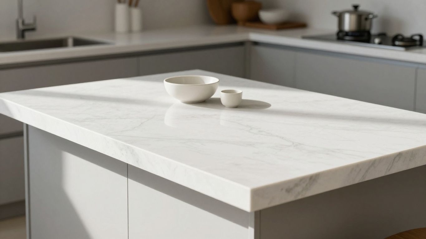 Modern kitchen island with white quartz countertop