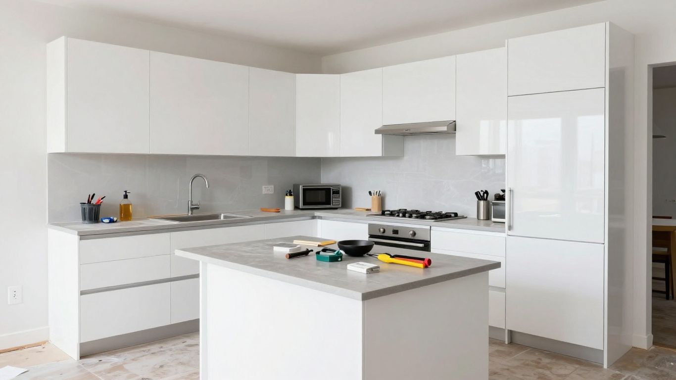 Modern kitchen renovation with white cabinets and gray countertops.