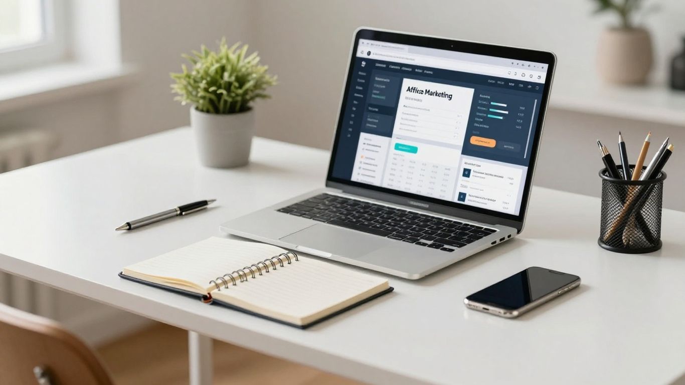 Affiliate marketing productivity tools on a desk.