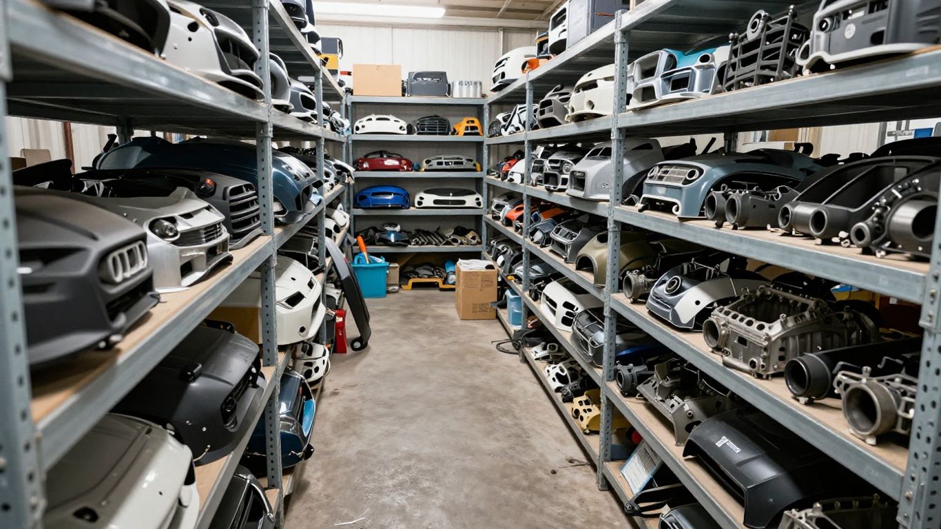 Salvage yard showing organized auto parts