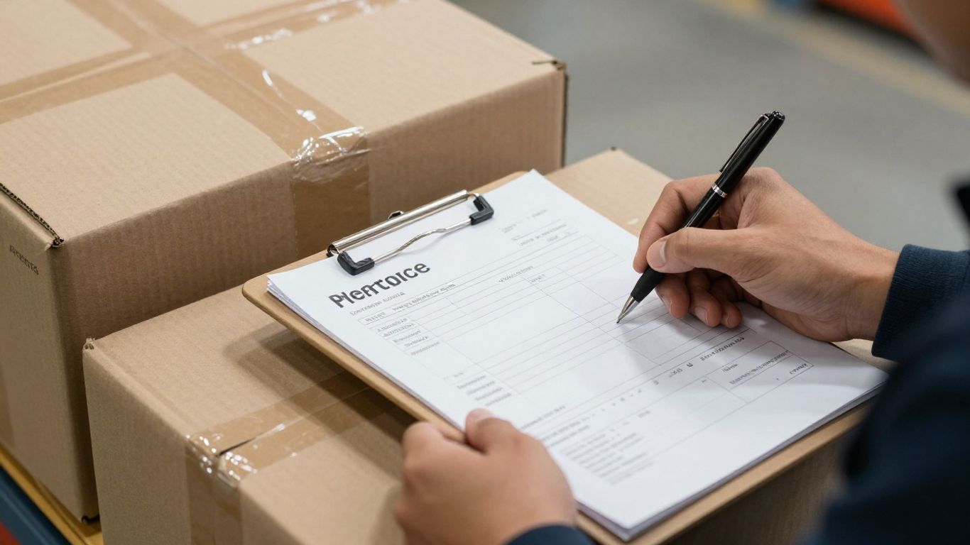 Shipping paperwork beside sealed cargo cartons